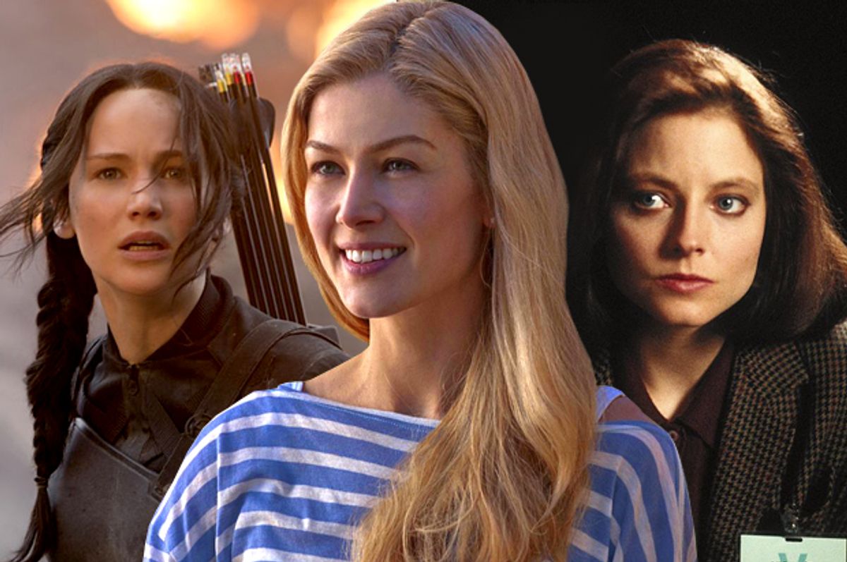 Jennifer Lawrence in "The Hunger Games: Mockingjay - Part 1", Rosamund Pike in "Gone Girl", Jodie Foster in "The Silence of the Lambs"         