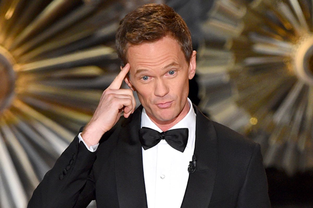 Host Neil Patrick Harris speaks on stage at the Oscars on Sunday, Feb. 22, 2015, at the Dolby Theatre in Los Angeles. (Photo by John Shearer/Invision/AP)        (John Shearer)