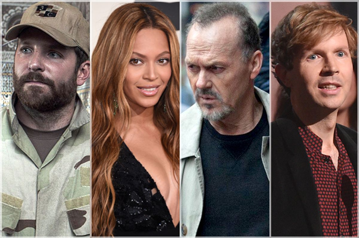 Bradley Cooper in "American Sniper," Beyonce, Michael Keaton in "Birdman," Beck      (AP/Jordan Strauss/John Shearer)