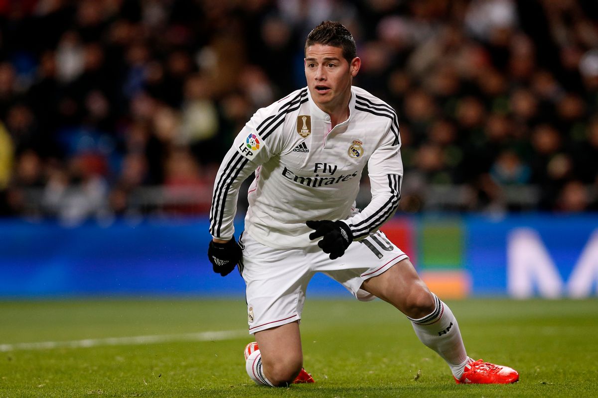 James Rodriguez from Colombia celebrates after scoring a goal during a Spanish La Liga soccer match between Real Madrid and Sevilla at the Santiago Bernabeu stadium in Madrid, Spain, Wednesday, Feb. 4, 2015. (AP Photo/Daniel Ochoa de Olza) (AP)