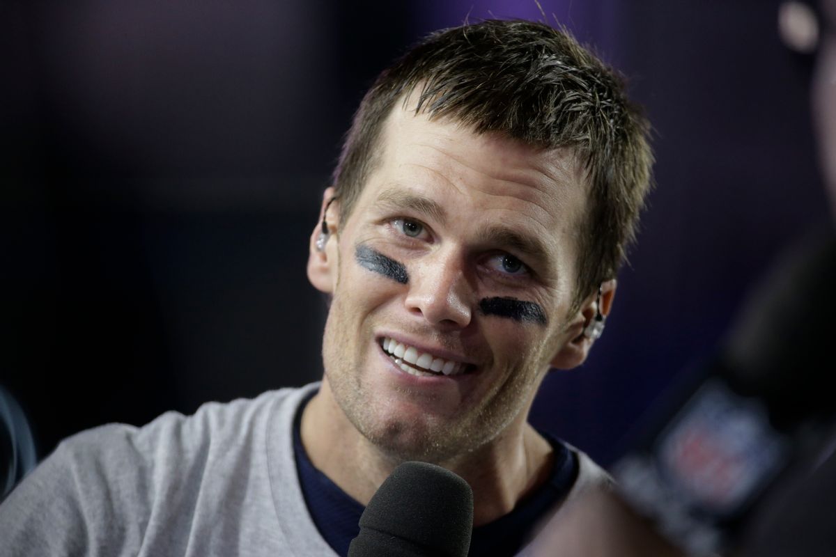 New England Patriots quarterback Tom Brady (12) responds to questions during a news interview after the NFL Super Bowl XLIX football game against the Seattle Seahawks Sunday, Feb. 1, 2015, in Glendale, Ariz. The Patriots won the game 28-24.   (AP/Mark Humphrey)