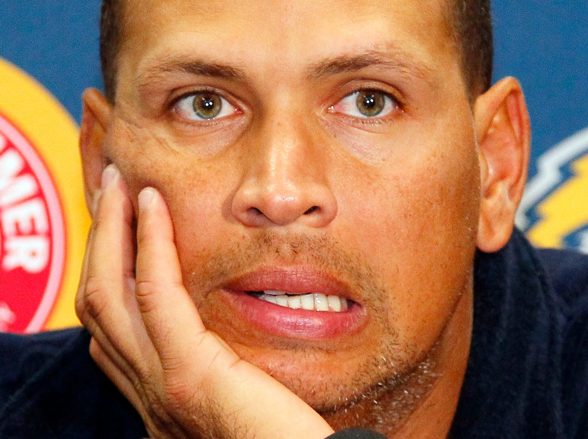 FILE - In this Aug. 2, 2013, file photo New York Yankees' Alex Rodriguez answers questions from the media at a news conference following a Class AA baseball game with the Trenton Thunder against the Reading Phillies in Trenton, N.J. Alex Rodriguez has issued a handwritten apology "for the mistakes that led to my suspension" but has turned down New York's offer to use Yankee Stadium for a news conference and has failed to detail any specifics about his use of performance-enhancing drugs. (AP Photo/Tom Mihalek, File) (AP)