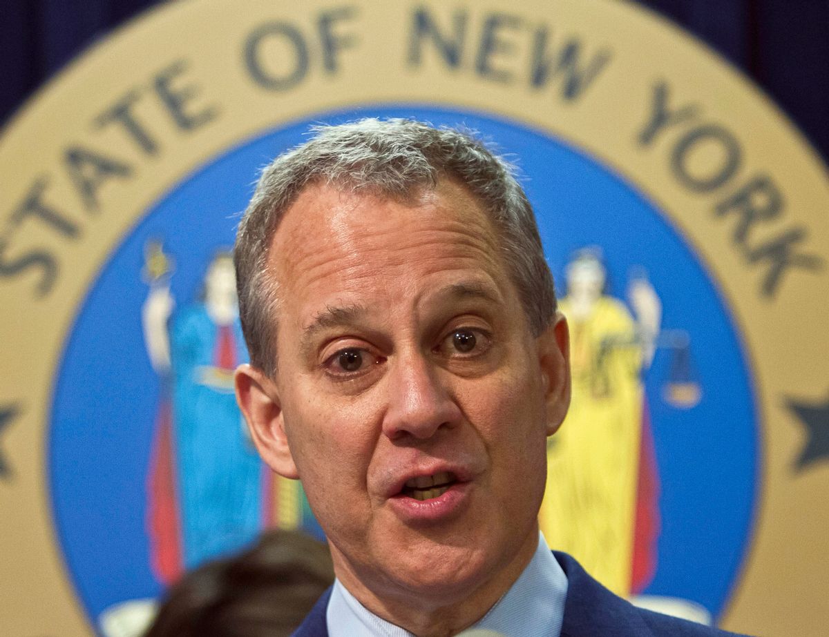 FILE - In this Thursday Aug. 21, 2014, file photo, New York Attorney General Eric Schneiderman speaks during a news conference, in New York. The three largest credit reporting agencies will change the way they handle records in a major revamp long sought by consumer advocates. The changes were announced Monday, March 9, 2015, after talks between Equifax, Experian, TransUnion and Schneiderman. (AP Photo/Bebeto Matthews, File) (AP)