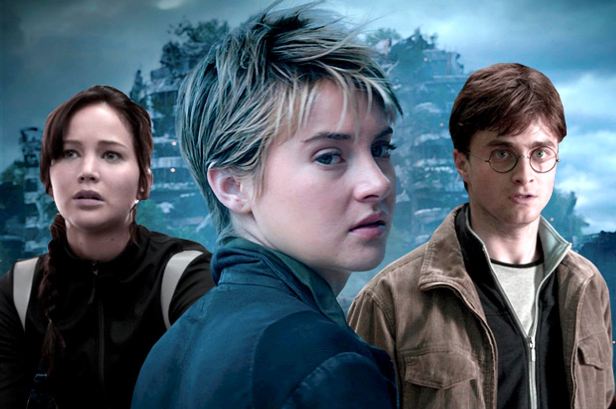 Jennifer Lawrence in "The Hunger Games: Catching Fire," Shailene Woodley in "Insurgent," Daniel Radcliffe in "Harry Potter and the Deathly Hallows: Part 2"         (Lionsgate//Warner Bros. Entertainment/Salon)