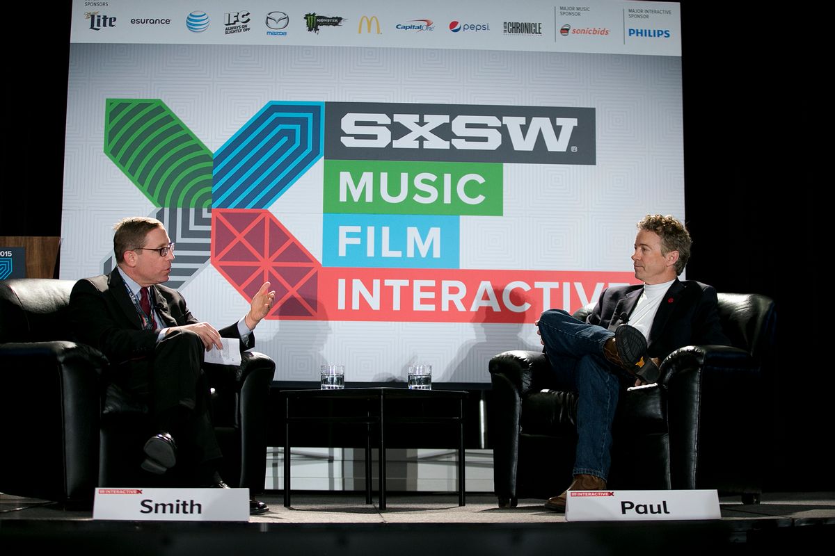 Sen. Rand Paul, right, and the Texas Tribune's Evan Smith speak at SXSW, Sunday, March 15, 2015 in Austin, Texas. (AP Photo/Austin American-Statesman, Deborah Cannon)  AUSTIN CHRONICLE OUT, COMMUNITY IMPACT OUT, INTERNET AND TV MUST CREDIT PHOTOGRAPHER AND STATESMAN.COM, MAGS OUT (AP)