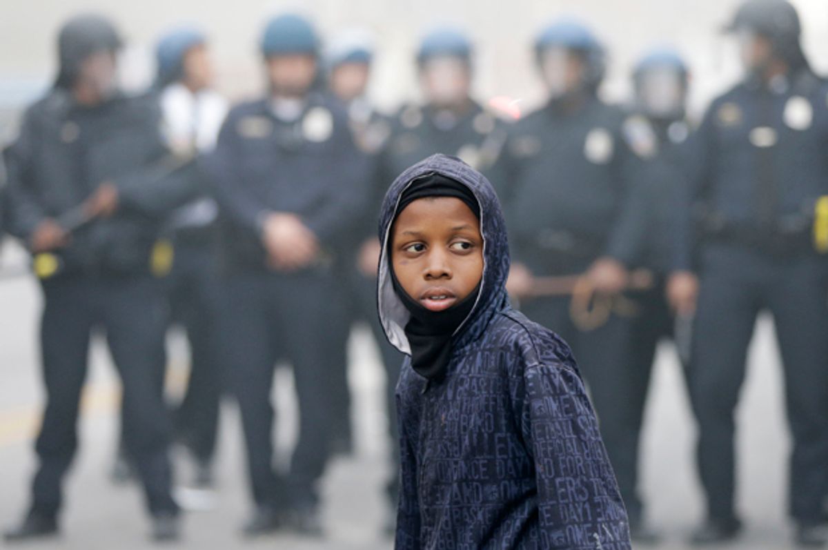 Police move a protester back, Baltimore, April 27, 2015.        (AP/Matt Rourke)
