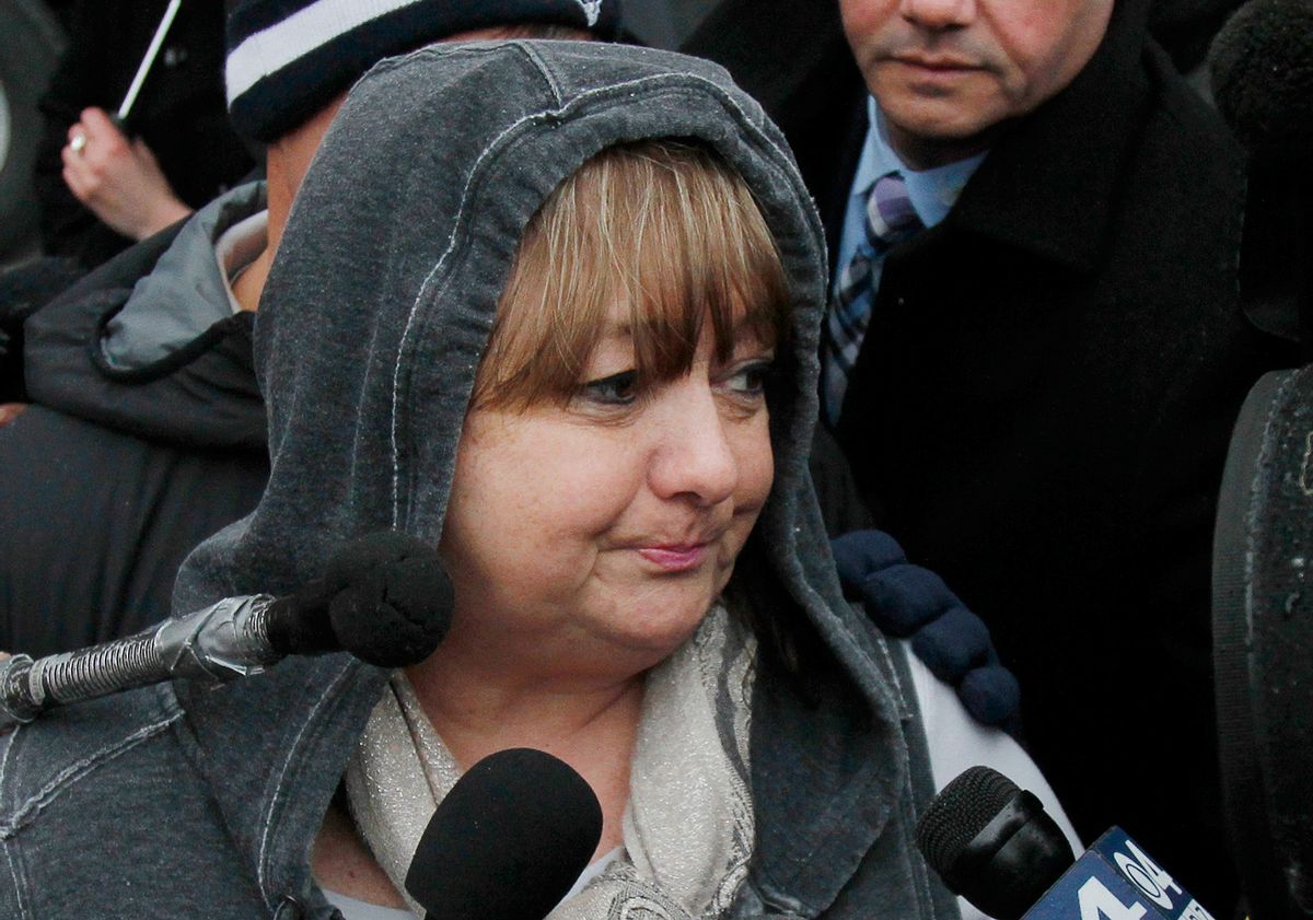 Liz Norden, who had two sons lose legs in the Boston Marathon bombing, speaks outside federal court, Wednesday, April 8, 2015, in Boston where Dzhokhar Tsarnaev was convicted on multiple charges in the 2013 Boston Marathon bombing. Three people were killed and more than 260 were injured when twin pressure-cooker bombs exploded near the finish line.  (AP Photo/Bill Sikes) (AP)