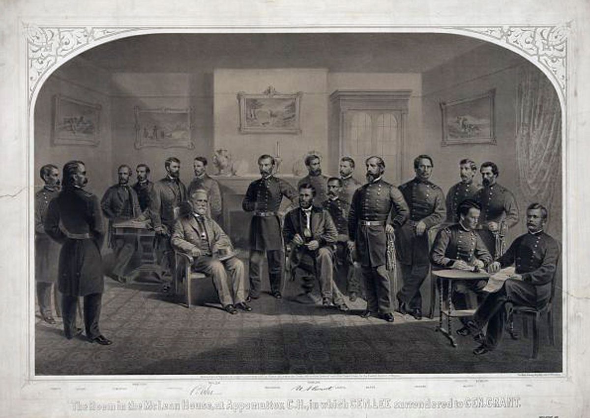 This image provided buy the Library of Congress shows an artist rendering of the surrender of Confederate General Robert E. Lee to Union General Ulysses S. Grant in the front parlor of the McLean house at Appomattox Court House on April 9, 1865.  A reenactment of the surrender will take place in Appomattox on April 9, 2015, to commemorate the 150th anniversary of the surrender.  (AP Photo/Library of Congress Prints and Photographs Division, Kurz and Allison) (AP)
