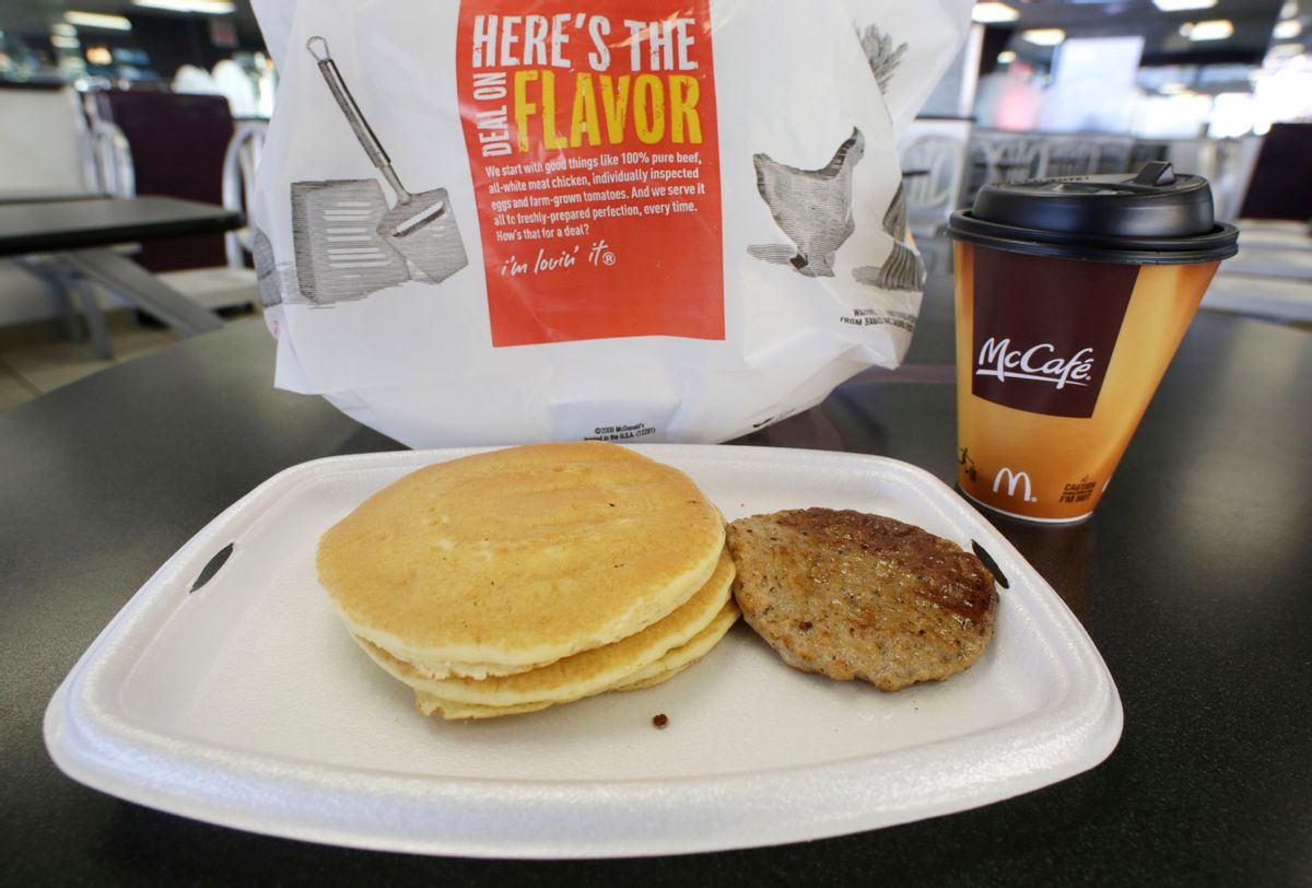 FILE - In this Feb. 14, 2013 file photo, a McDonald's breakfast is arranged for an illustration  at a McDonald's restaurant in New York.  After decades of complaints from customers that breakfast wasnt available past 10:30 a.m., McDonalds is testing an all-day breakfast menu in San Diego. If successful, its just one way the company could boost customer traffic. (AP Photo/Mark Lennihan) (AP)