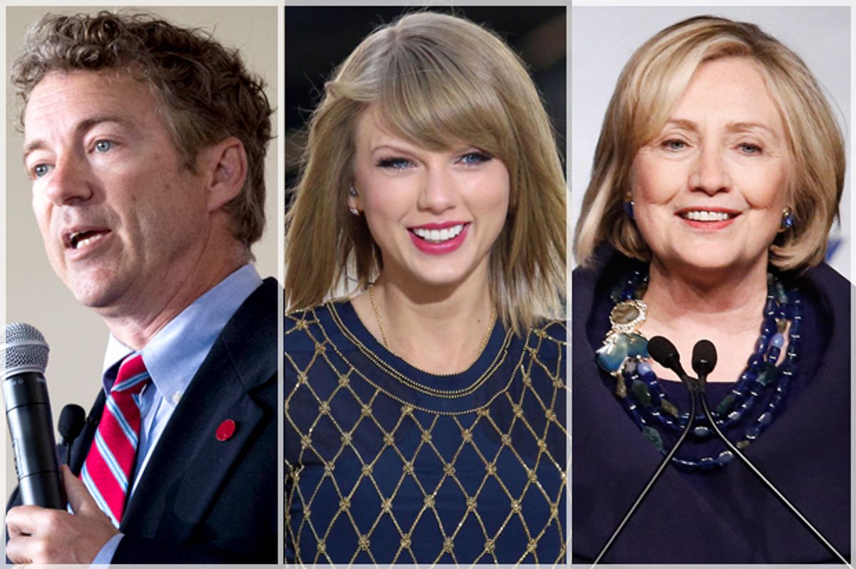 Rand Paul, Taylor Swift, Hillary Clinton            (AP/Andrew Nelles/Greg Allen/Jason DeCrow)
