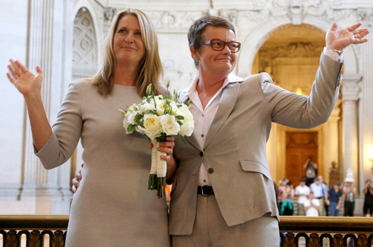 Sandy Stier and Kris Perry at their wedding, City Hall in San Francisco,  June 28, 2013.     (AP/Marcio Jose Sanchez)