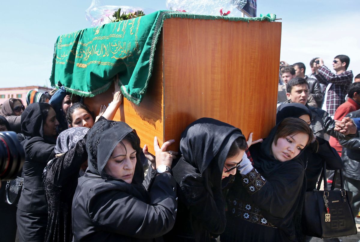 Afghan women rights activists carry the coffin of 27-year-old Farkhunda, an Afghan woman who was beaten to death by a mob.     (AP/Massoud Hossaini)
