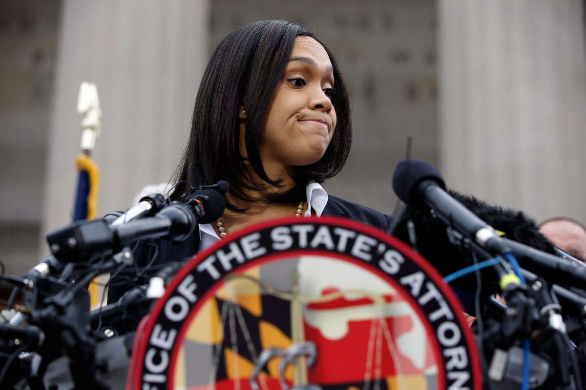 Marilyn Mosby, Baltimore state's attorney, pauses while speaking during a media availability, Friday, May 1, 2015 in Baltimore. Mosby announced criminal charges against all six officers suspended after Freddie Gray suffered a fatal spinal injury while in police custody.  (AP/Alex Brandon)