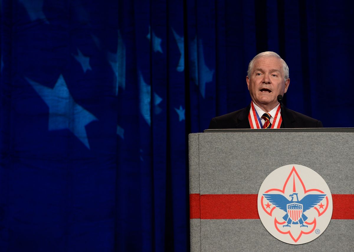 FILE - In this Friday, May 23, 2014 file photo, former Defense Secretary Robert Gates addresses the Boy Scouts of America's annual meeting in Nashville, Tenn., after being selected as the organization's new president. On Thursday Gates said that the organization's longstanding ban on participation by openly gay adults is no longer sustainable, and called for change in order to avert potentially destructive legal battles. (AP Photo/Mark Zaleski, File) (AP)