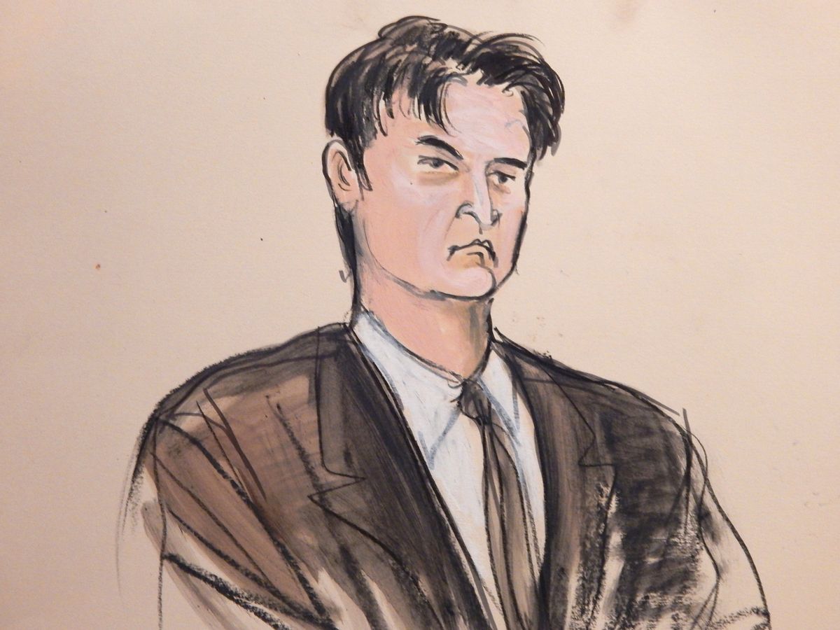 FILE - This Feb 4, 2015, file courtroom sketch, shows defendant Ross William Ulbricht as the deputy recites the word guilty multiple times during Ubrichts trial in New York. Ulbricht is set to be sentenced Friday, May 29, 2015, after his February Manhattan federal court conviction. (AP Photo/Elizabeth Williams, File) (AP)