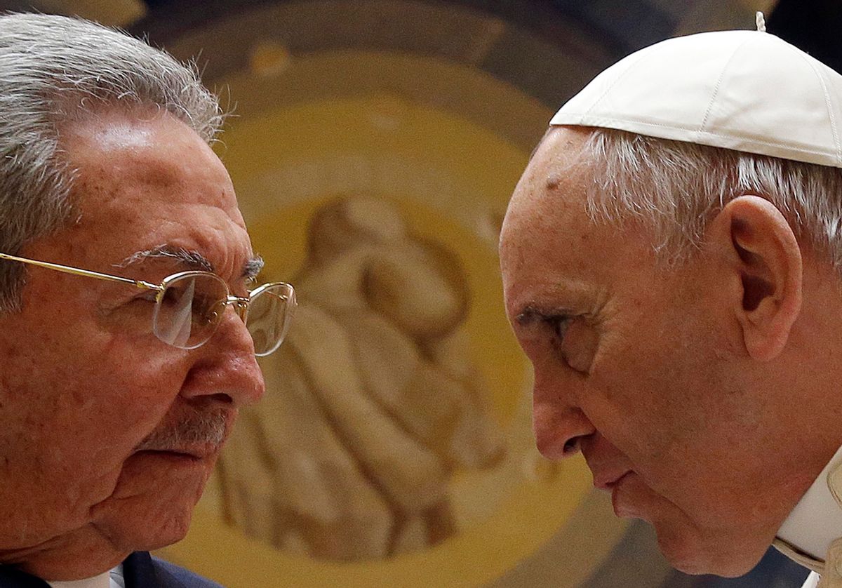 FILE - In this file photo released on Monday, May 11, 2015, Pope Francis meets Cuban President Raul Castro during a private audience at the Vatican, Sunday, May 10, 2015. Cuban President Raul Castro has been welcomed at the Vatican by Pope Francis, who played a key role in the breakthrough between Washington and Havana aimed at restoring U.S.-Cuban diplomatic ties. (Gregorio Borgia, File Pool Photo via AP) (AP)