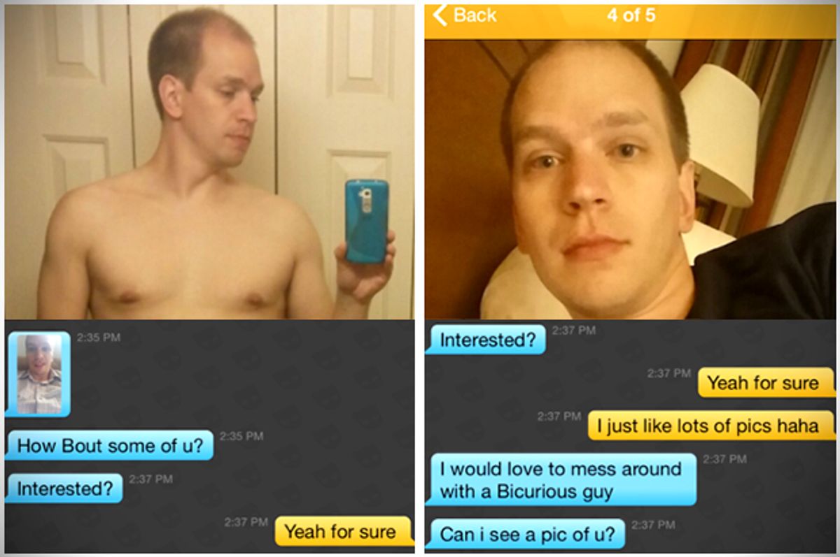 Screengrabs of Matthew Makela's Grindr messages       (Grindr/Queerty)