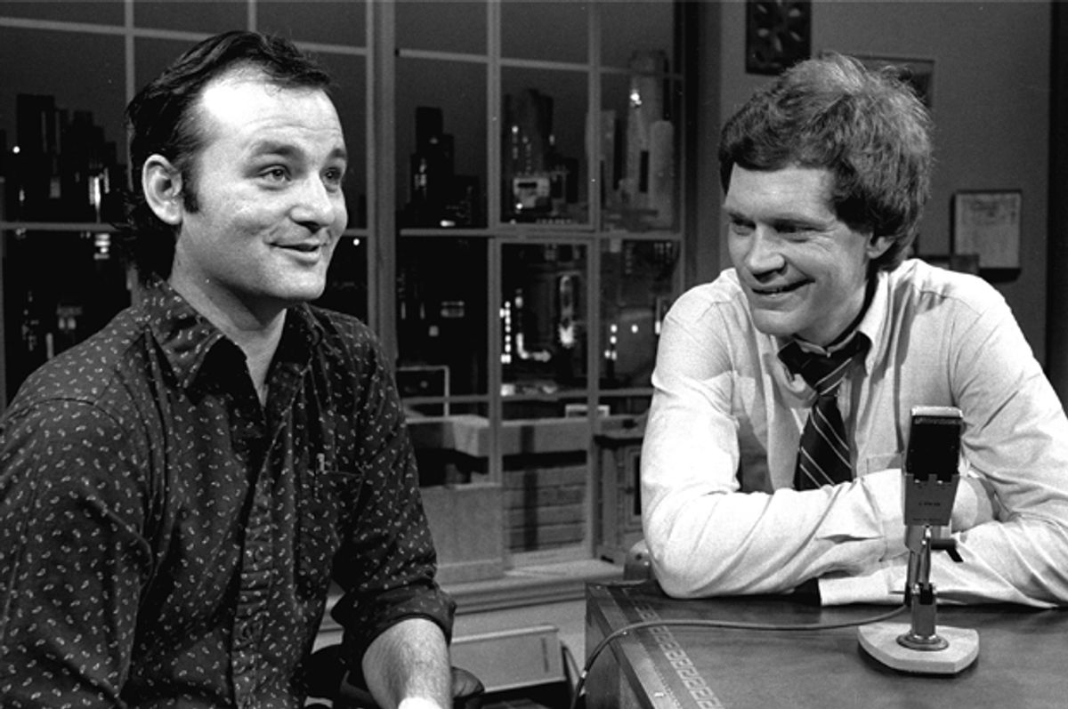 David Letterman at the taping of his first talk-comedy hour "Late Night with David Letterman" with guest Bill Murray, February 1, 1982.     (AP/Nancy Kaye)