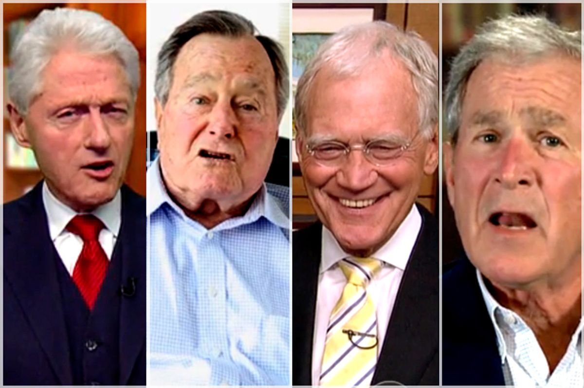 Bill Clinton, George H.W. Bush, David Letterman, George W. Bush        (CBS)
