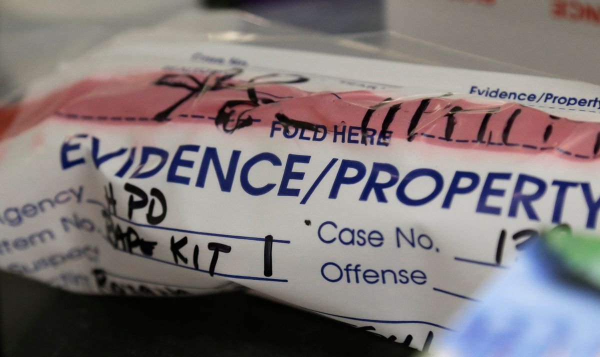 This Thursday, April 2, 2015 photo shows an evidence bag from a sexual assault case in the biology lab at the Houston Forensic Science Center in Houston. Legislators in more than 20 states are considering _ and in some cases, passing _ laws that include auditing all kits and deadlines for submitting and processing DNA evidence. (AP Photo/Pat Sullivan) (AP)