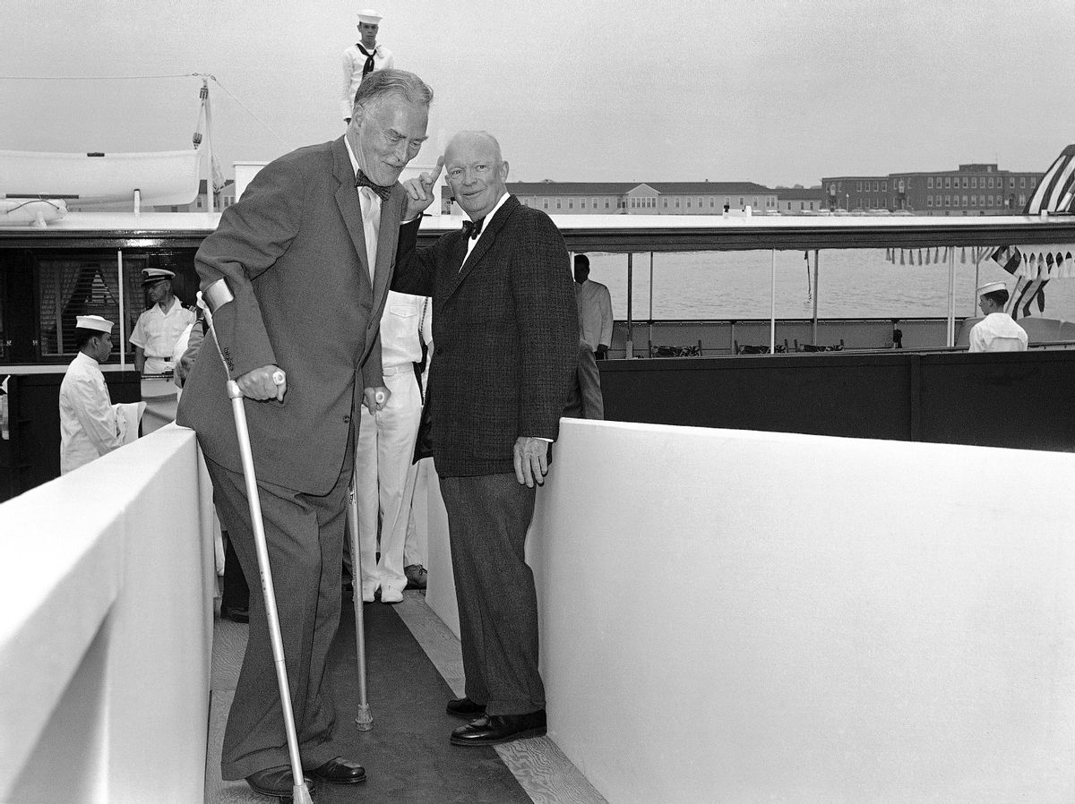 FILE - In this July 10, 1060 file photo, President  Dwight Eisenhower, right, waves good evening to Secretary of State Christian Herter, after accompanying Herter and his party from his summer house at Ft. Adams in Newport, R.I. Once home to the Americas Cup, Newport has a rich sailing history and is making strides to reaffirm its position as an international sailing mecca. It is hosting this 2015's only North American stopover on the Volvo Ocean Race, the worlds most prestigious offshore racing event. (AP Photo/File) (AP)