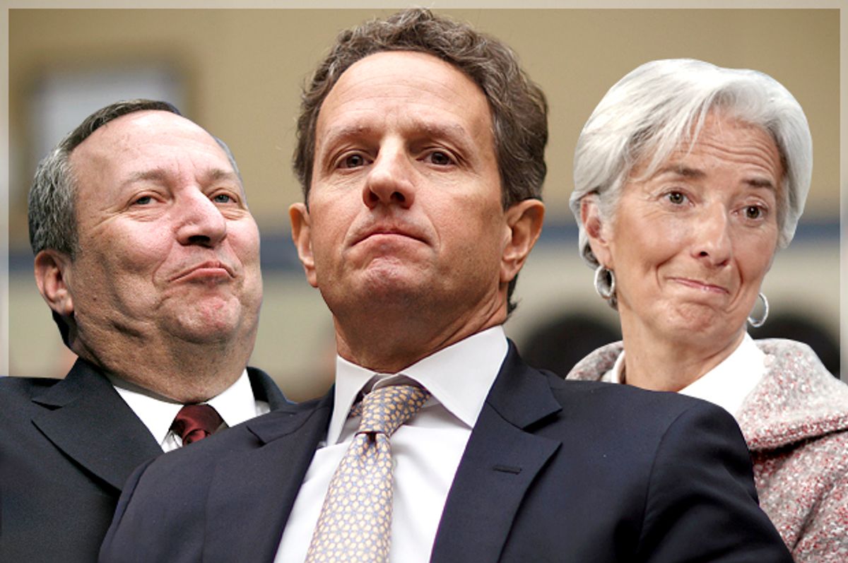 Lawrence Summers, Timothy Geithner, Christine Lagarde    (AP/Reuters/Molly Riley/J. Scott Applewhite/Ruben Sprich/Photo montage by Salon)