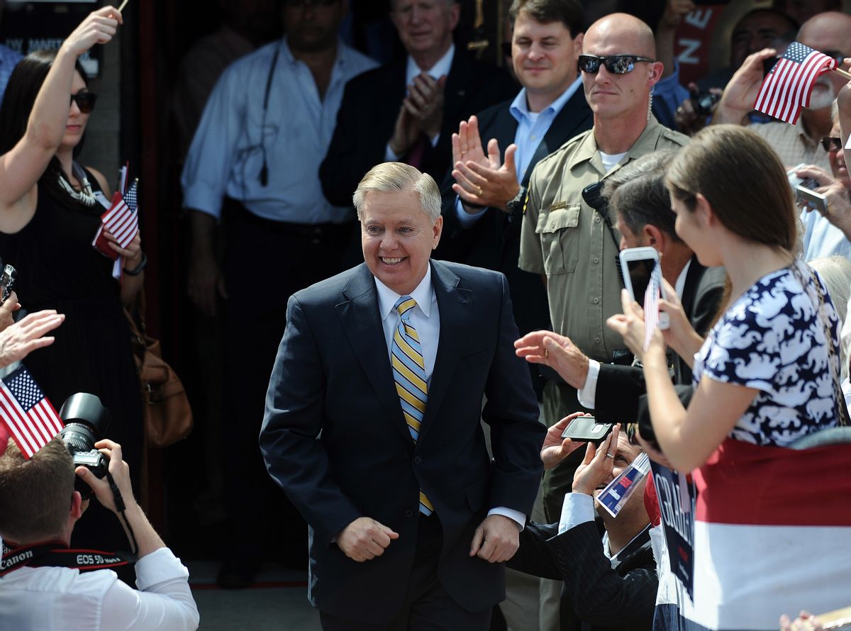 Sen. Lindsey Graham, R-S.C. arrives to announce his bid for the presidency, Monday, June 1, 2015, in Central, S.C. (AP Photo/Rainier Ehrhardt)     (AP)