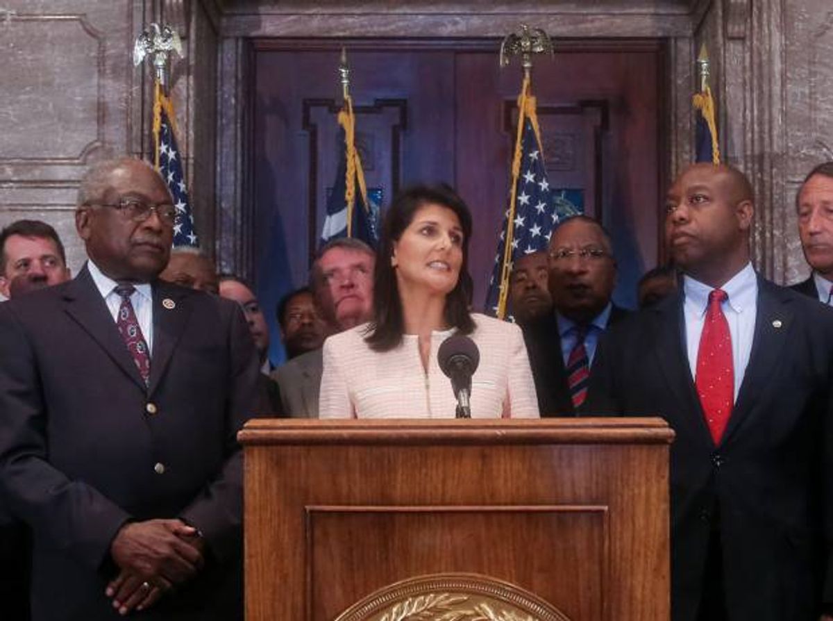 South Carolina Gov. Nikki Haley speaks during a news conference in the South Carolina State House, Monday, June 22, 2015, in Columbia, S.C.  (Tim Dominick/The State via AP)