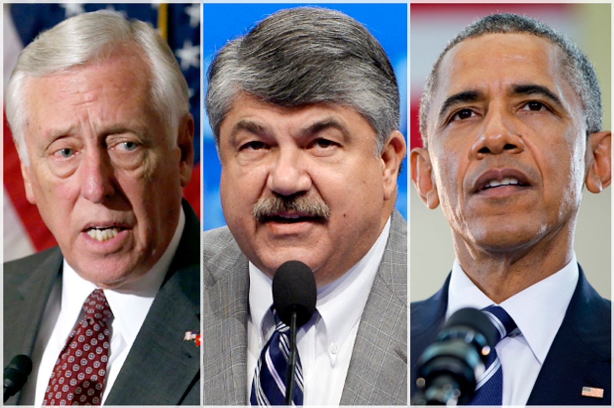 Steny Hoyer/Richard Trumka/Barack Obama        (AP/Reuters/Yuri Gripas/Kevork Djansezian/Pablo Martinez Monsivais)
