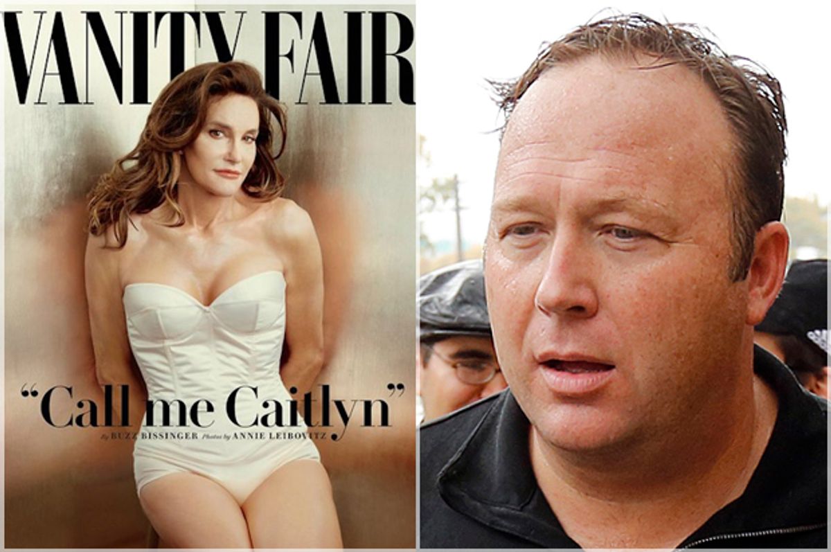 Caitlyn Jenner on the cover of "Vanity Fair"; Alex Jones            (Reuters/Jim Bourg)