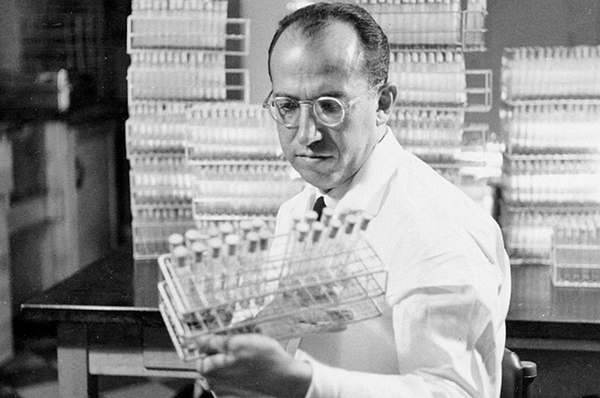 Dr. Jonas Salk  in his lab in Pittsburgh, Pa., Oct. 7, 1954.         (AP)