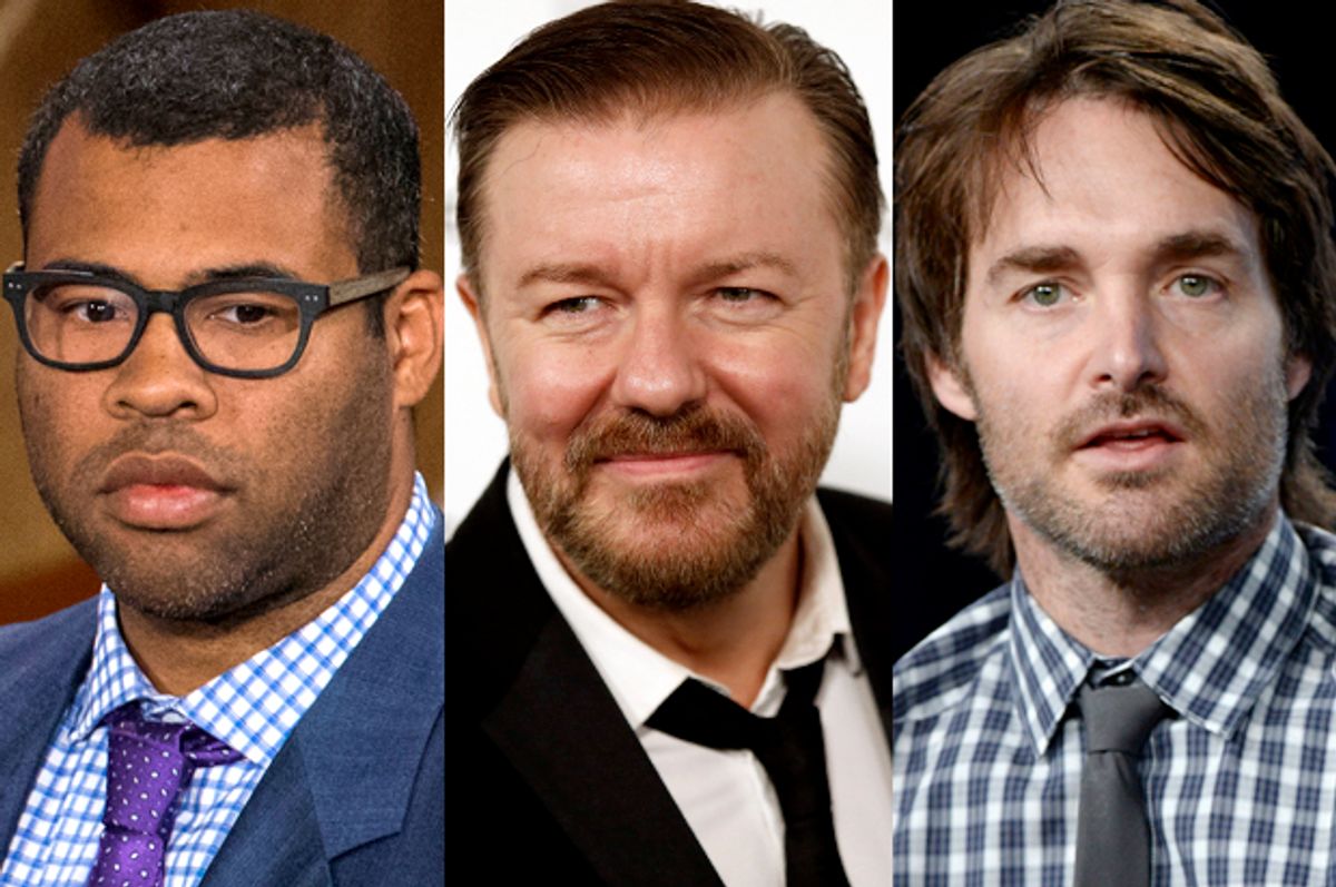 Jordan Peele, Ricky Gervais, Will Forte      (Reuters/Lucas Jackson/Patrick Fallon/Kevork Djansezian)