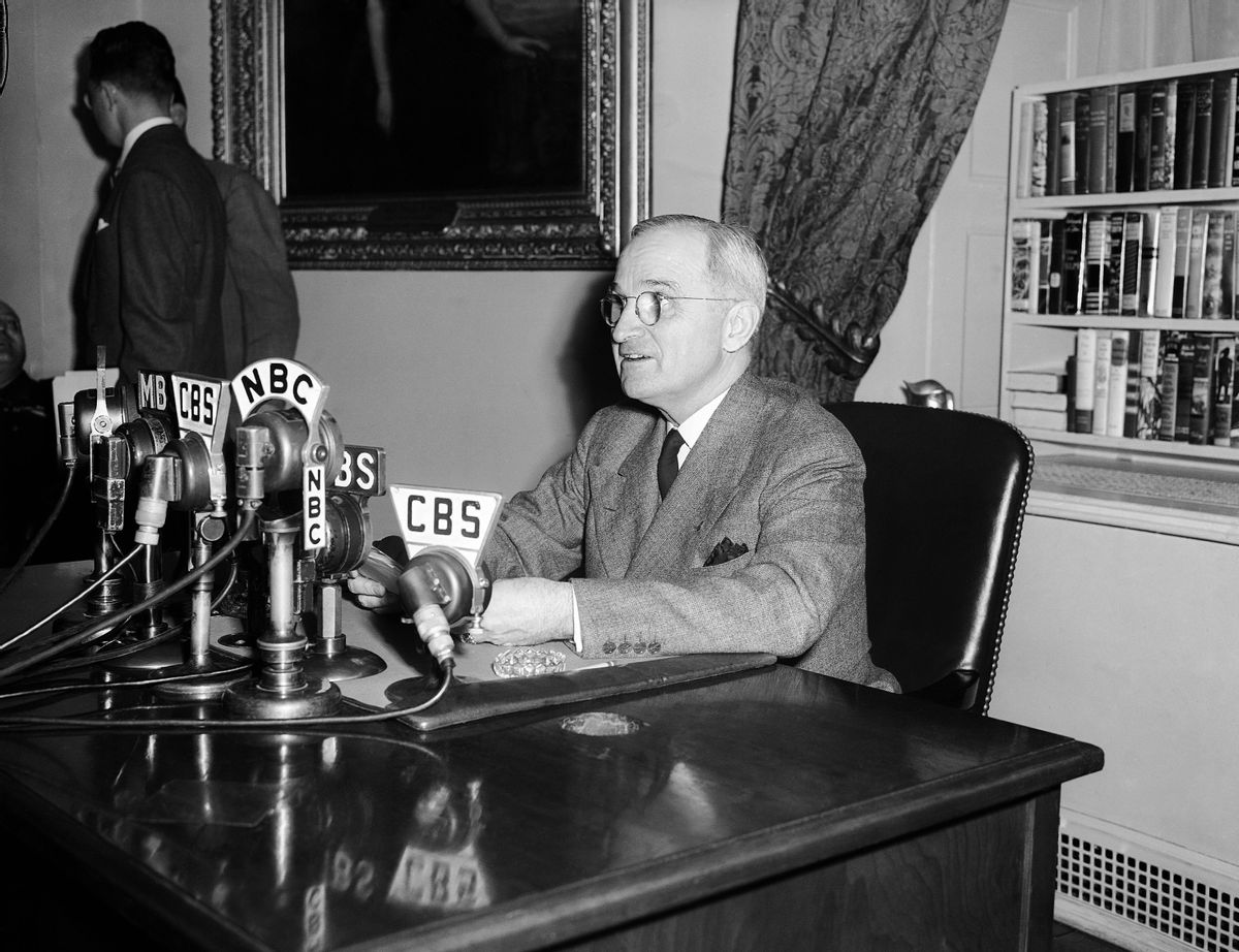 FILE - In this April 25, 1945, file photo, U.S.  President Harry S. Truman, talks in front of microphones, over which he broadcasts a message opening the conference of 46 United Nations in San Francisco, telling the delegates "you are to be architects of a better world. In your hands rests our future," in the White House in Washington, D.C. Seventy years ago leaders of 50 war-weary countries gathered in San Francisco to create an international order that would save future generations from the scourge of war. With that, the United Nations was created. (AP Photo/File) (AP)