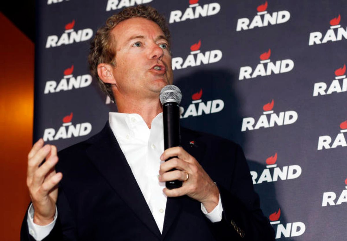 In this photograph taken Tuesday, June 30, 2015, Republican presidential hopeful Sen. Rand Paul of Kentucky speaks during a campaign stop at a sports bar in the Cherry Creek area in Denver. (AP Photo/David Zalubowski) (AP)