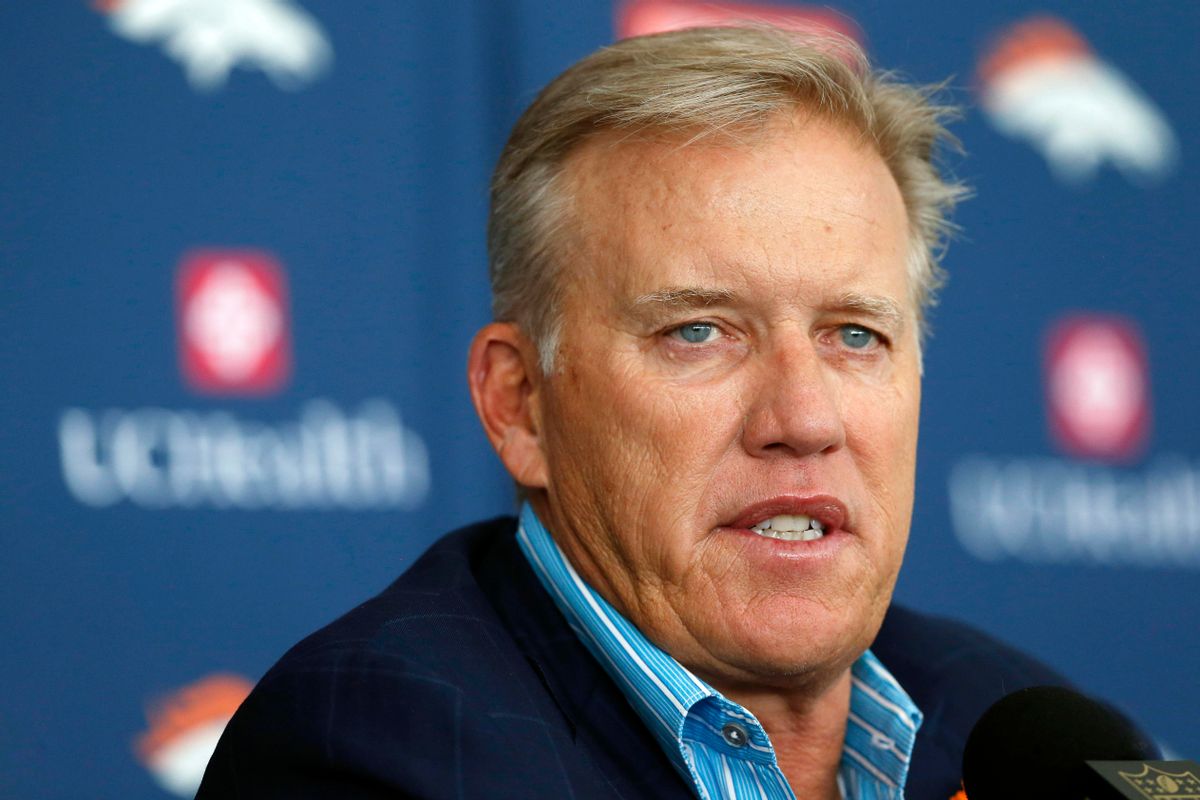 John Elway, general manager of the Denver Broncos, responds to questions during a news conference at the team's NFL football training camp Thursday, July 30, 2015, in Englewood, Colo. () (AP Photo/David Zalubowski)