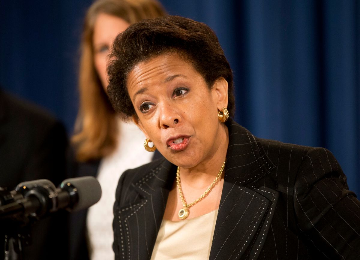 FILE - In this June 18, 2015, file photo, Attorney General Loretta Lynch speaks at a news conference at the Justice Department in Washington. Lynch announced that Dylann Roof, the man accused of slaying of nine black church members in Charleston last month was indicted July 22, on 33 federal counts, including hate crimes, firearms violations and obstructing the practice of religion, which could include the death penalty.  (AP Photo/Pablo Martinez Monsivais, File) (AP)