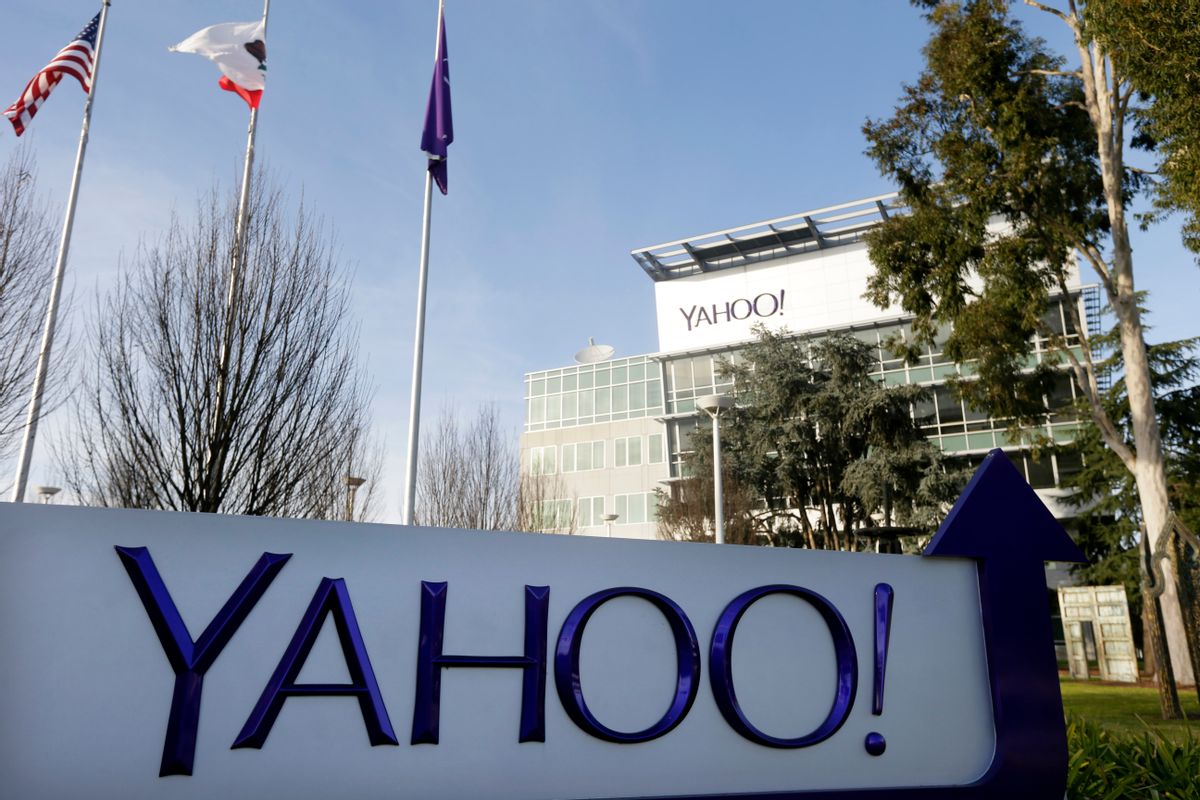 This Jan. 14, 2015 photo shows signage outside Yahoo's headquarters in Sunnyvale, Calif. (AP Photo/Marcio Jose Sanchez) (AP)