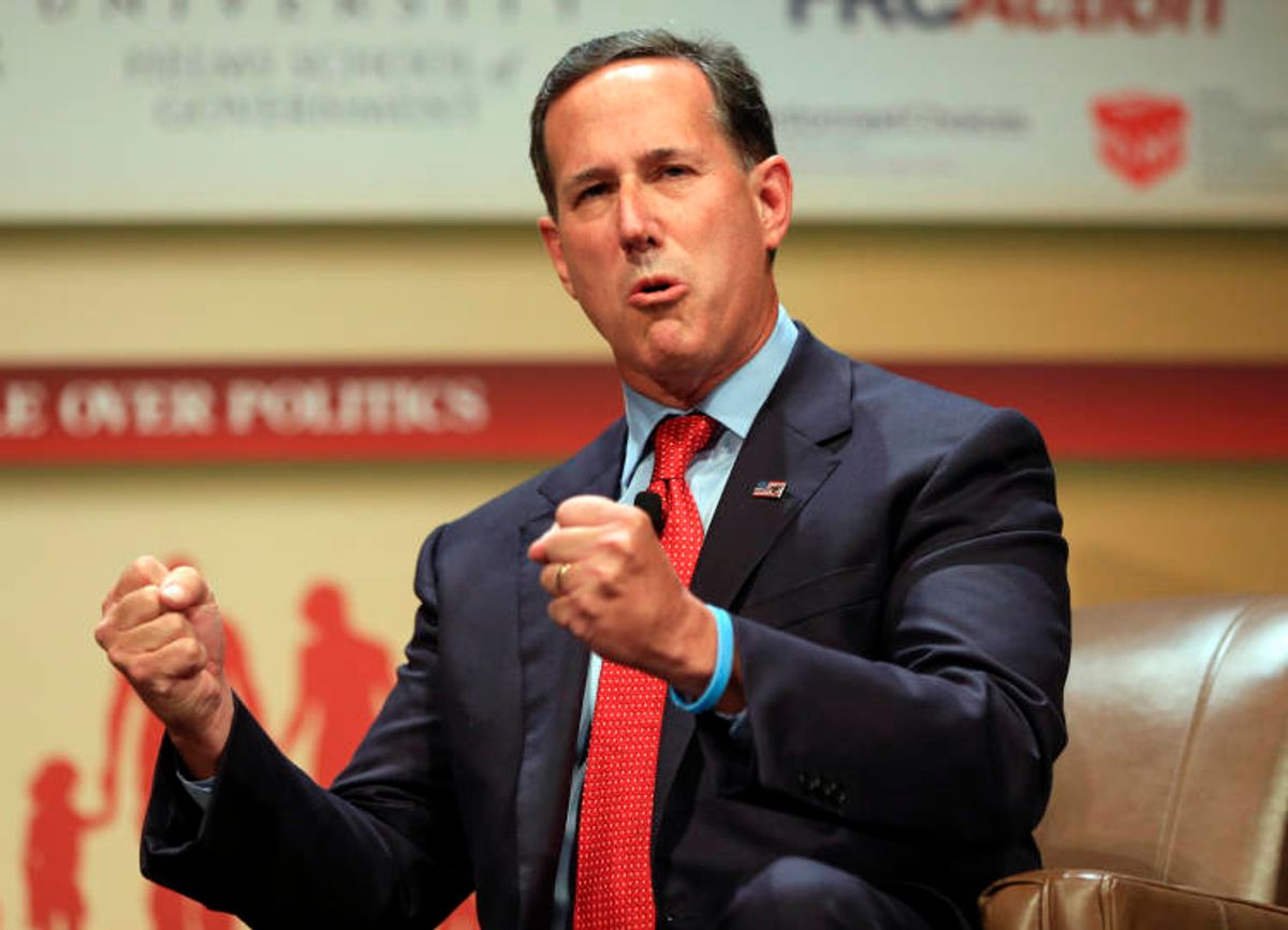 FILE - In this July 18, 2015, file photo, Republican presidential candidate, former Pennsylvania Sen. Rick Santorum, speaks at the Family Leadership Summit in Ames, Iowa. As next months first GOP 2016 presidential debate looms, prospects are doing everything they can to improve their polling and chin themselves into a top 10 position to meet the criteria set by Fox News Channel to appear on stage Aug. 6 in Cleveland. Rick Perry is waging a one-man war on Donald Trumps credibility, calling the bombastic billionaire a cancer on conservatism. Santorum, a conservative icon, popped up on a favorite program of liberals, the Rachel Maddow Show. And South Carolina Sen. Lindsey Graham set his phone on fire.(AP Photo/Nati Harnik, File) (AP)