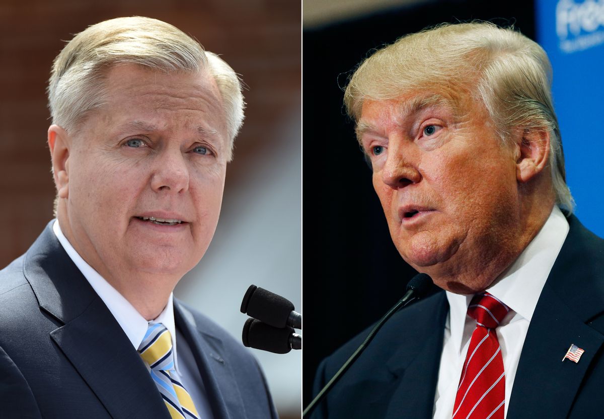In this combination made from file photos, Republican presidential candidate, U.S. Sen. Lindsey Graham, R-S.C., left, speaks in Central, S.C., and fellow Republican candidate, real estate mogul Donald Trump, speaks in Las Vegas. In response to Trump's recent derogatory comments about Mexican immigrants, Graham says his rival is a "wrecking ball" for the future of the GOP with Hispanic voters, and is calling on the party to push back. (AP Photo/Rainier Ehrhardt, John Locher, File) (AP)