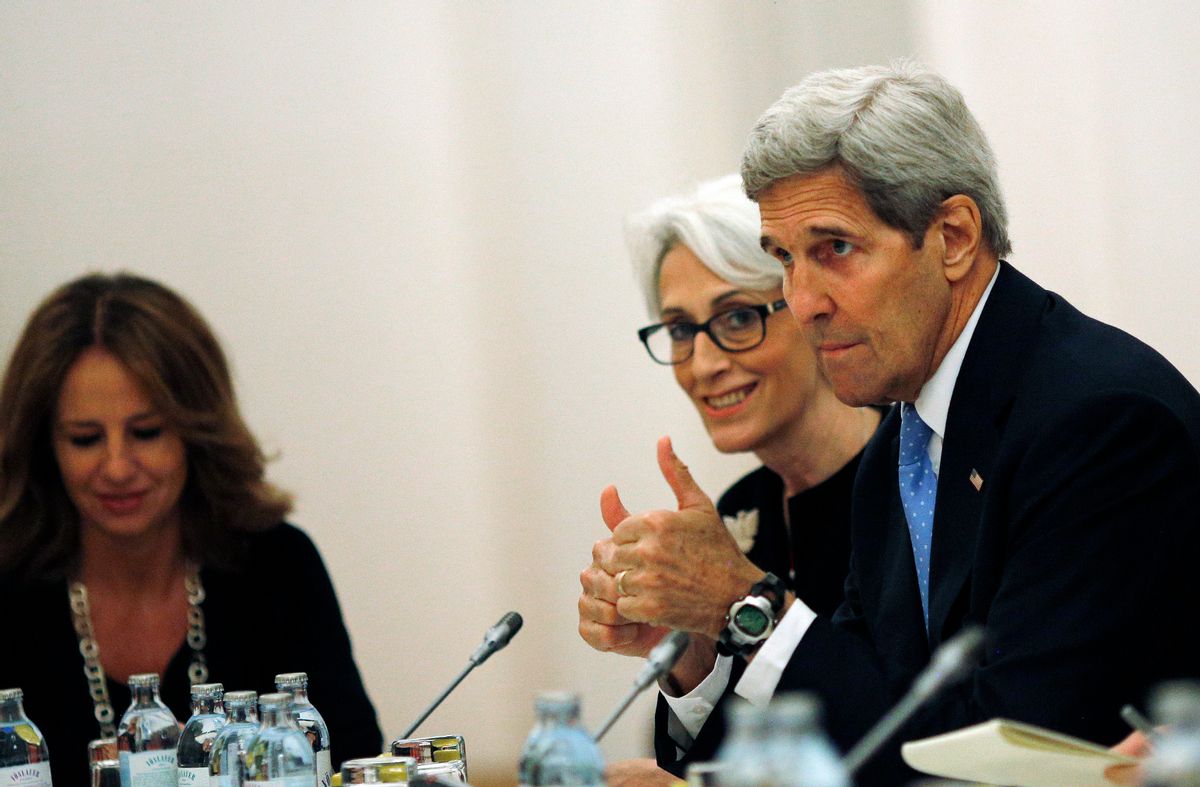 U.S. Secretary of State John Kerry and U.S. Under Secretary for Political Affairs Wendy Sherman, centre, meet with foreign ministers and representatives of Germany, France, China, Britain, Russia and the European Union during the current round of nuclear talks with Iran, being held in Vienna, Austria July 10, 2015.  U.S. Secretary of State John Kerry urged Iran to make the tough political decisions needed to reach an agreement but Iranian Foreign Minister Mohammad Javad Zarif accused major powers on Friday of backtracking on previous pledges and throwing up new "red lines" at nuclear talks. (Carlos Barria/Pool via AP) (AP)