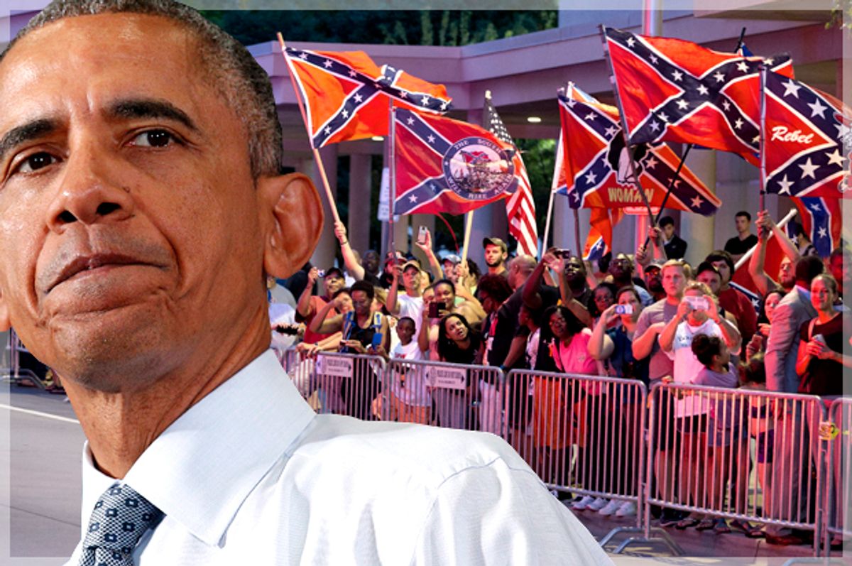 Barack Obama; Confederate flags outside his hotel, July 15, 2015, in Oklahoma City.         (Reuters/Kevin Lamarque/AP/Evan Vucci/Photo montage by Salon)