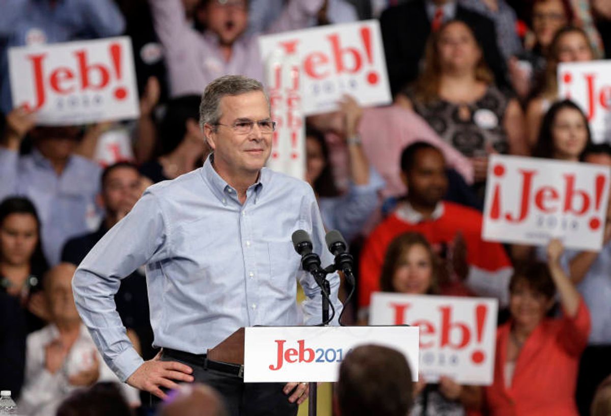 In this photo taken K=June 15, 2015, former Florida Gov. Jeb Bush stands on the stage before  announcing his bid for the Republican presidential nomination, at Miami Dade College in Miami. In his first Spanish-language television network interview since launching his 2016 presidential campaign, Republican presidential candidate Jeb Bush fielded a wide range of questions, from the upcoming GOP debate to Donald Trump, from Latin American foreign policy to his taste in music, and whether he had ever experienced discrimination. (AP Photo/Lynne Sladky) (AP)