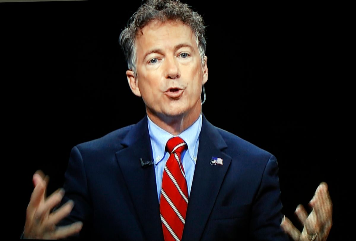 Republican presidential candidate, Sen. Rand Paul, R-Ky., shown on a video screen from C-SPAN's Washington studio, speaks during a forum Monday, Aug. 3, 2015, in Manchester, N.H. (AP Photo/Jim Cole) (AP)