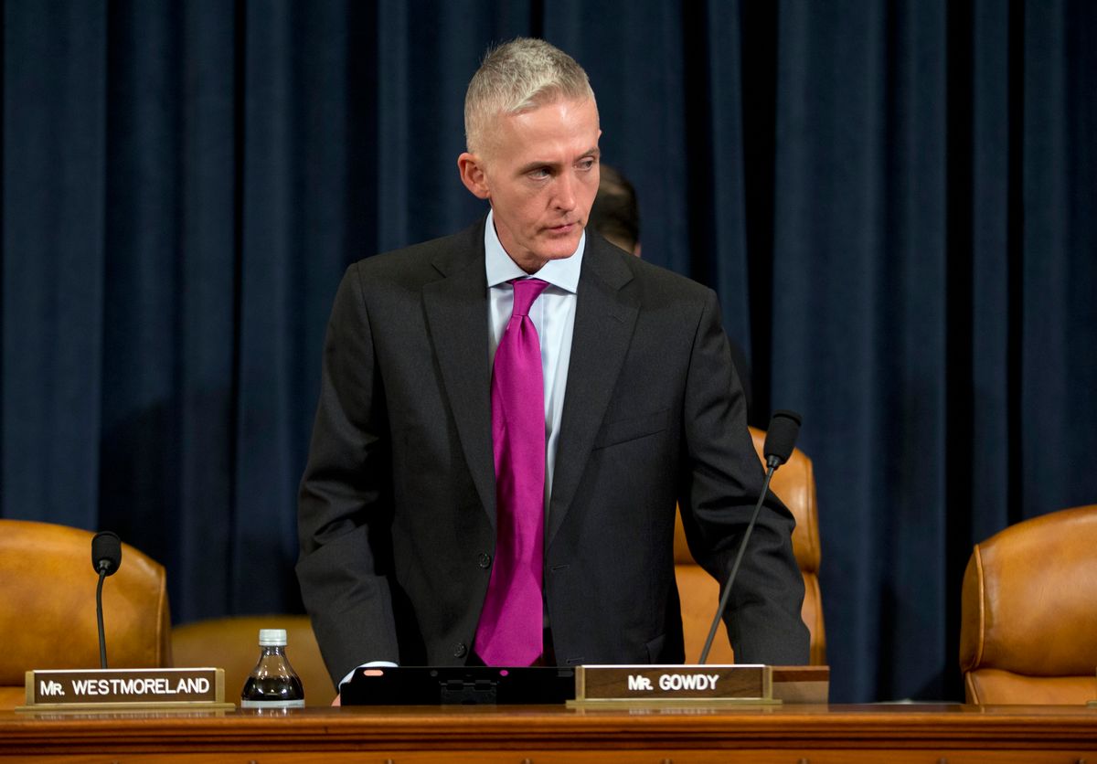 House Benghazi Committee Chairman Rep. Trey Gowdy, R-S.C. is seen on Capitol Hill in Washington, Thursday, Oct. 22, 2015, prior to the start of the committee's hearing on Benghazi. After months of buildup, Hillary Rodham Clinton finally takes center stage as the star witness in the Republican-led investigation into the deadly 2012 attacks in Benghazi, Libya. (AP Photo/Evan Vucci) (AP)
