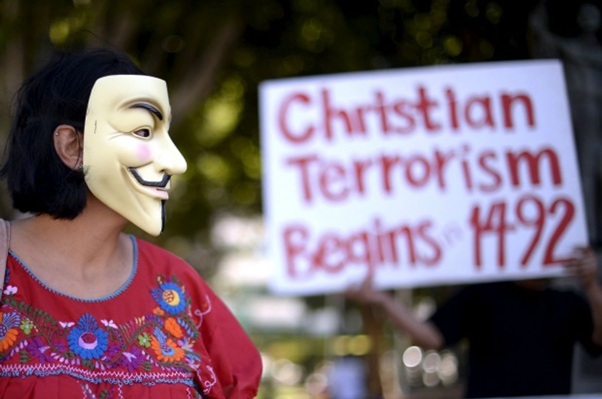 A Columbus Day protest in Los Angeles.  (Kevork Djansezian/Reuters)