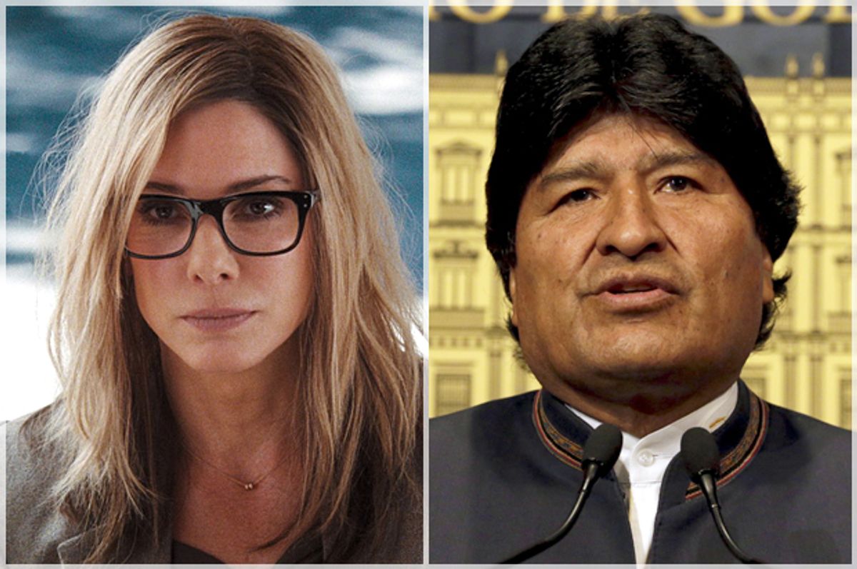 Sandra Bullock in "Our Brand Is Crisis"; Bolivia's President Evo Morales   (Warner Bros./Reuters/David Mercado)