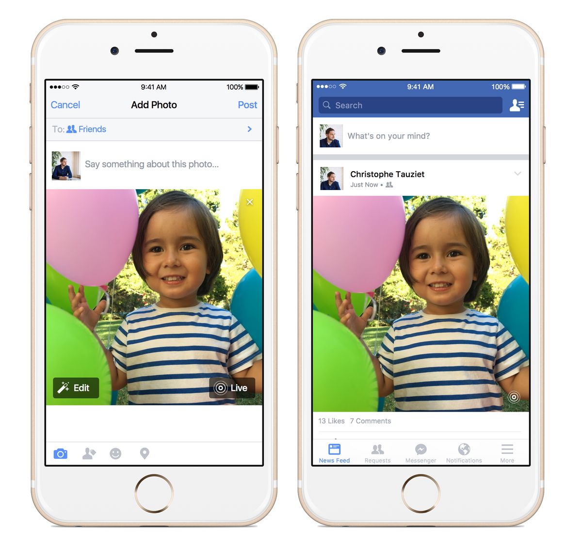 FILE - This file photo provided by Apple and Facebook demonstrates the posting of an animated photo using Facebooks new app, left, and the viewing of it, right, on an iPhone. The latest iPhones come with the ability to turn still images into video, known as Live Photos. (Courtesy of Apple and Facebook via AP, File) (AP)
