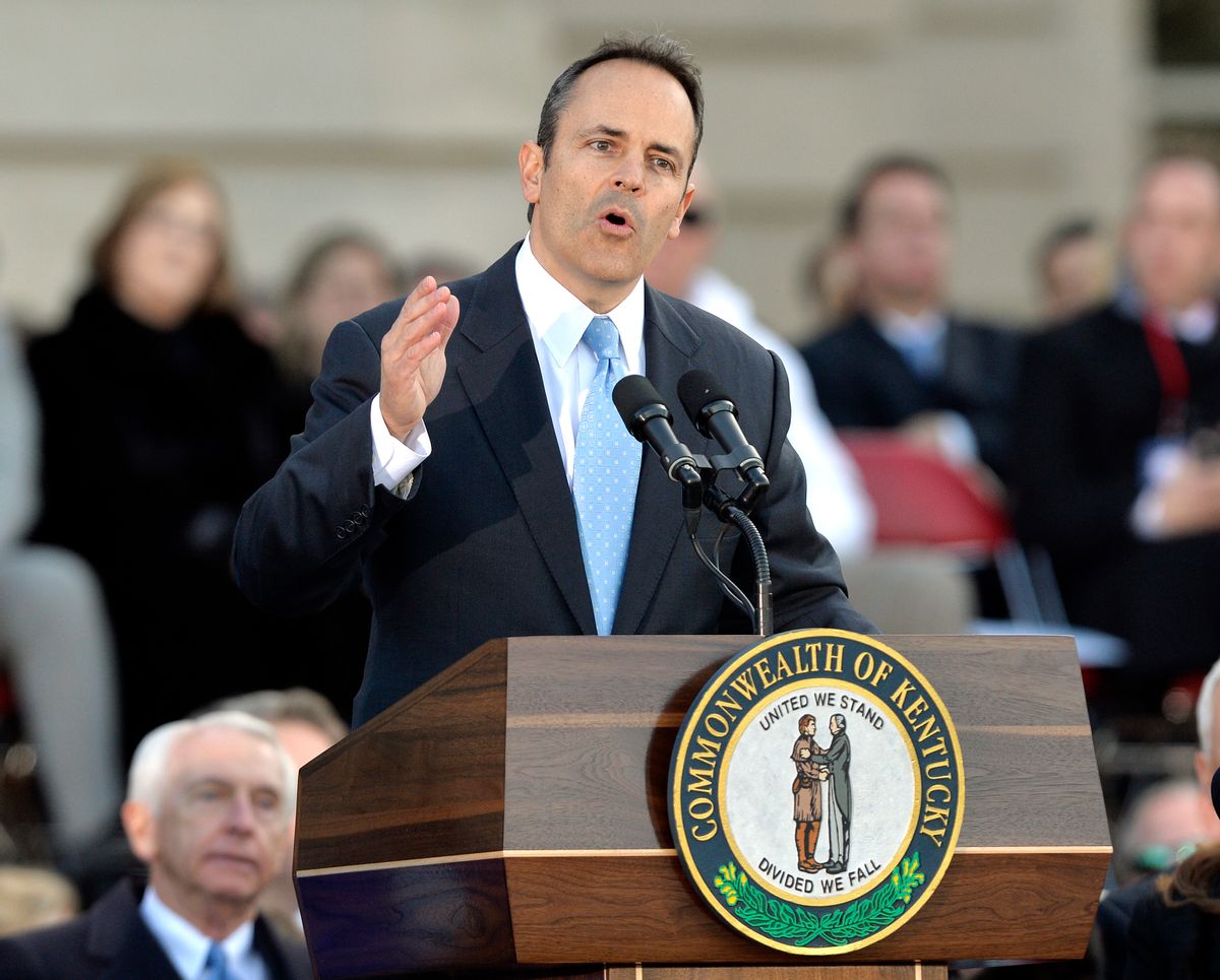 FILE - In this Dec. 8, 2015, file photo, Kentucky Gov. Matt Bevin speaks to the spectators gathered on the steps of the Kentucky Capitol following his public swearing in ceremony, in Frankfort, Ky. Bevin ordered the state to prepare new marriage licenses that do not include the names of county clerks in an attempt to protect the religious beliefs of clerk Kim Davis and other local elected officials. It was one of five executive orders he issued Tuesday, Dec. 22, 2015, the first of his administration, that mostly revised or suspended recent actions by former Democratic Gov. Steve Beshear. (AP Photo/Timothy D. Easley, File) (AP)