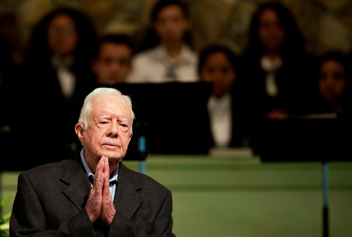 FILE - In a Sunday, Aug. 23, 2015 file photo, former President Jimmy Carter teaches Sunday School class at Maranatha Baptist Church in his hometown, in Plains, Ga. Former President Carter said Sunday, Dec. 6, 2015, that no cancer was detected in his latest scan. (AP Photo/David Goldman, File) (AP)