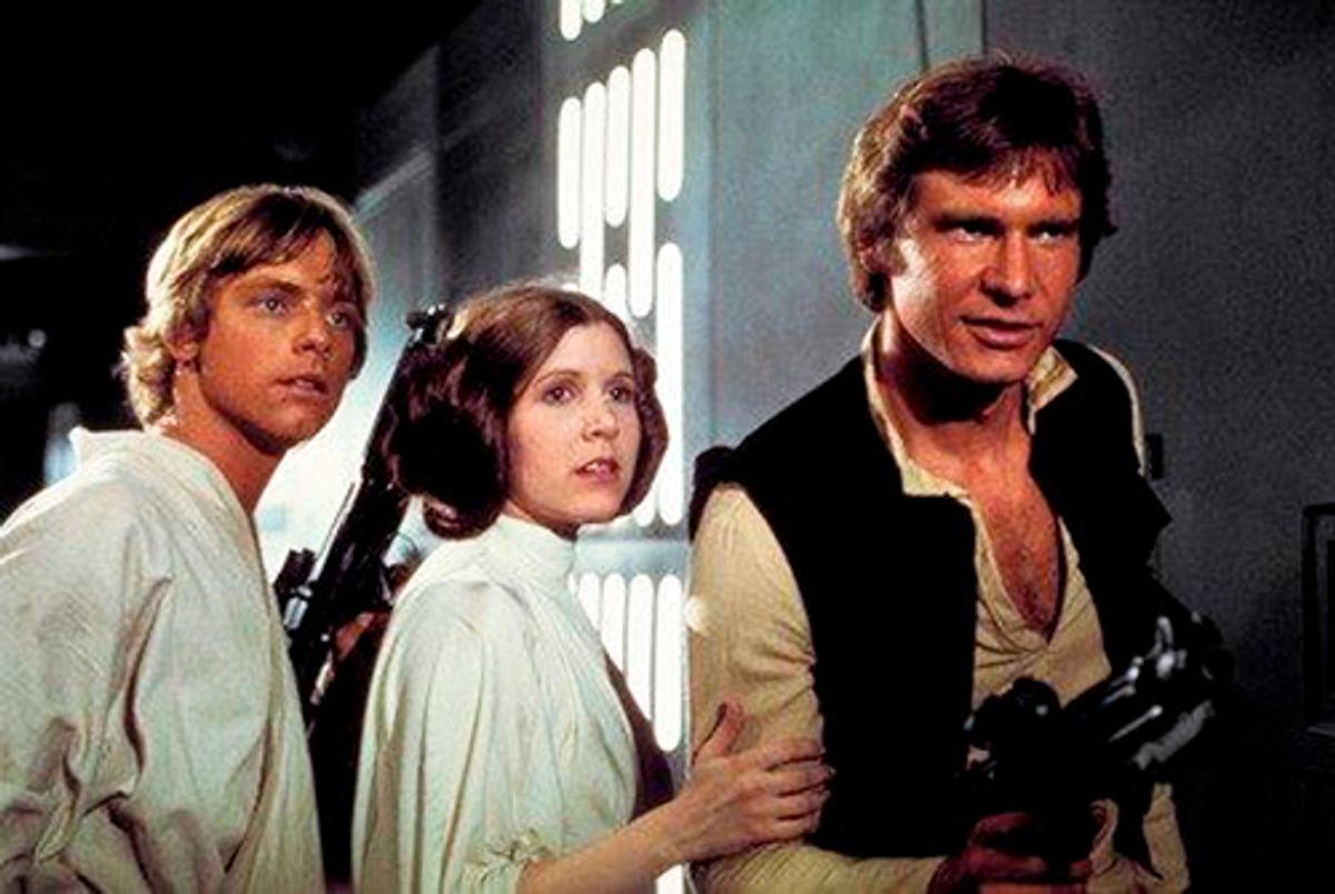 This photo provided by Twentieth Century Fox Home Entertainment shows, Mark Hamill, from left, as Luke Skywalker, Carrie Fisher as Princess Leia Organa, and Harrison Ford as Hans Solo in the original 1977 "Star Wars: Episode IV - A New Hope" film, included in the new Blu-ray release of  "Star Wars: The Complete Saga" out on Oct. 13, 2015. The new film, "Star Wars: The Force Awakens," opens in U.S. theaters on Dec. 18, 2015. (Twentieth Century Fox Home Entertainment via AP) (AP)